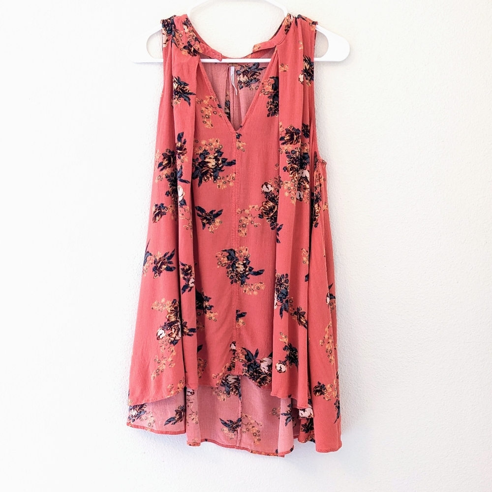 Free People Women's Flowy Coral Floral Print Sleeveless  Tunic Top with Pockets